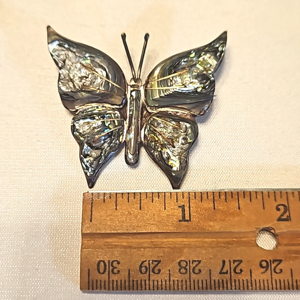 Vintage 1950's Abalone Inlay Butterfly Pin Sterling Silver Taxco Mexico